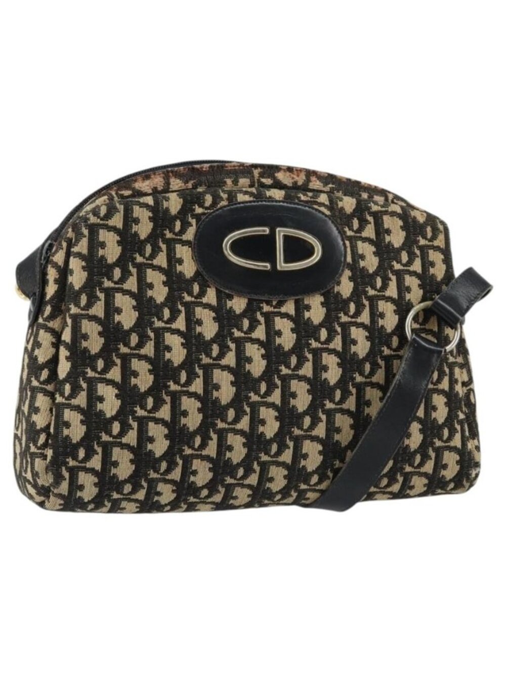 Authentic Christian Dior Trotter Canvas Shoulder Bag Black Gold